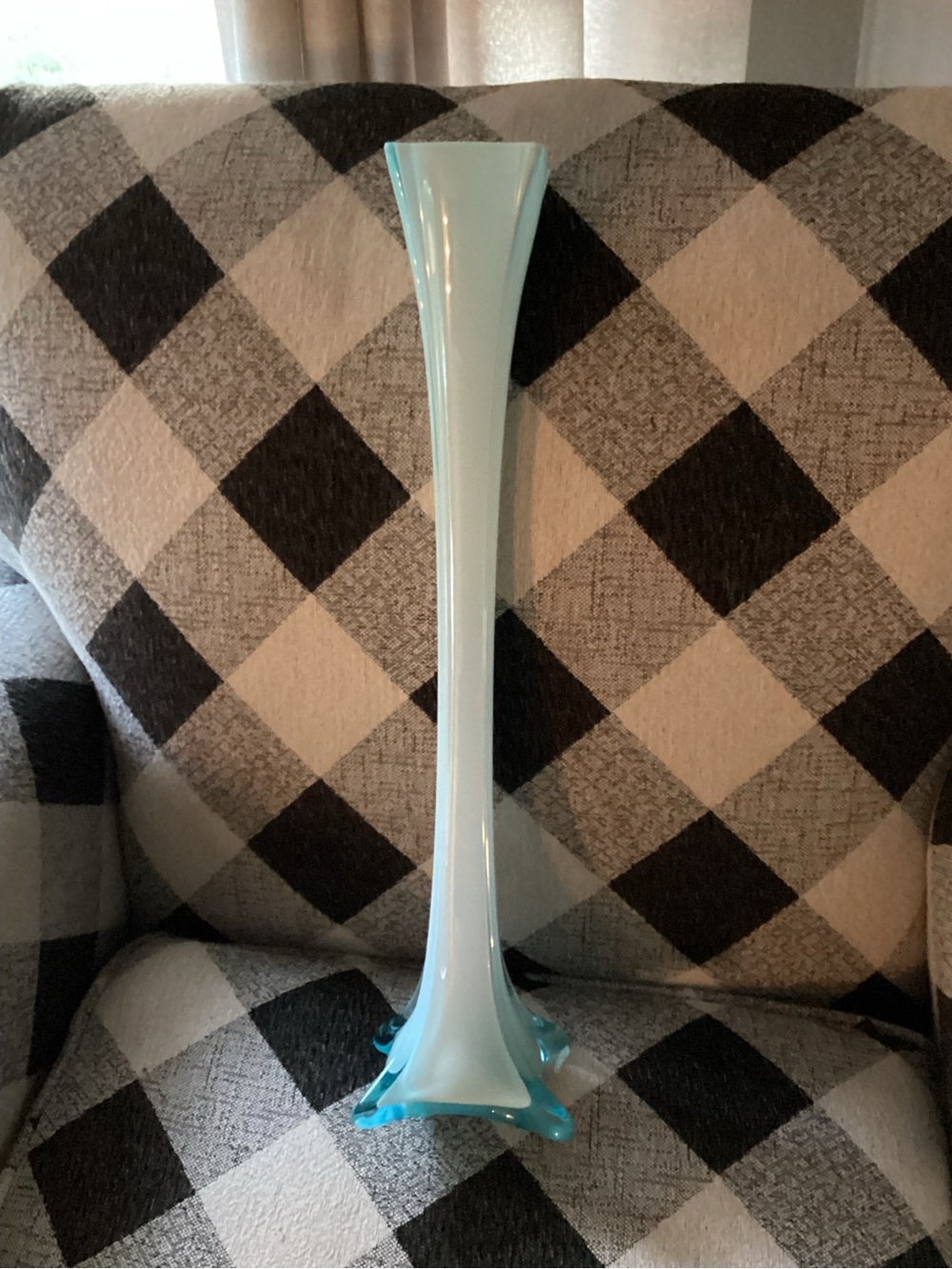 MID CENTURY MODERN EMPOLI GLASS ITALY CASED GLASS SWUNG XL FLOOR VASE BLUE 20”